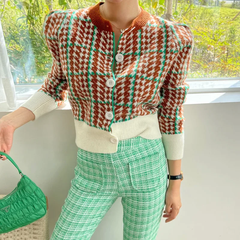 

Осенний ретро свитер с длинным рукавом с буфами для женщин, вязаный кардиган, клетчатый свитер, женские укороченные кардиганы, корейский же...