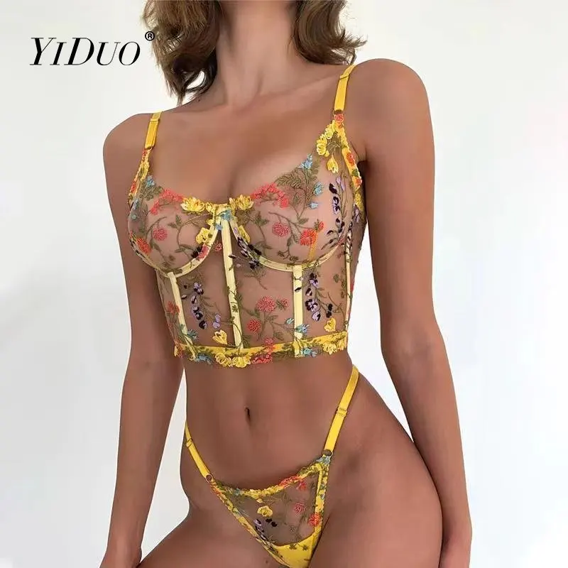 

YI DUO 2022 New source technology: color floral embroidery mesh perspective sexy sexy lingerie body shaping two-piece set