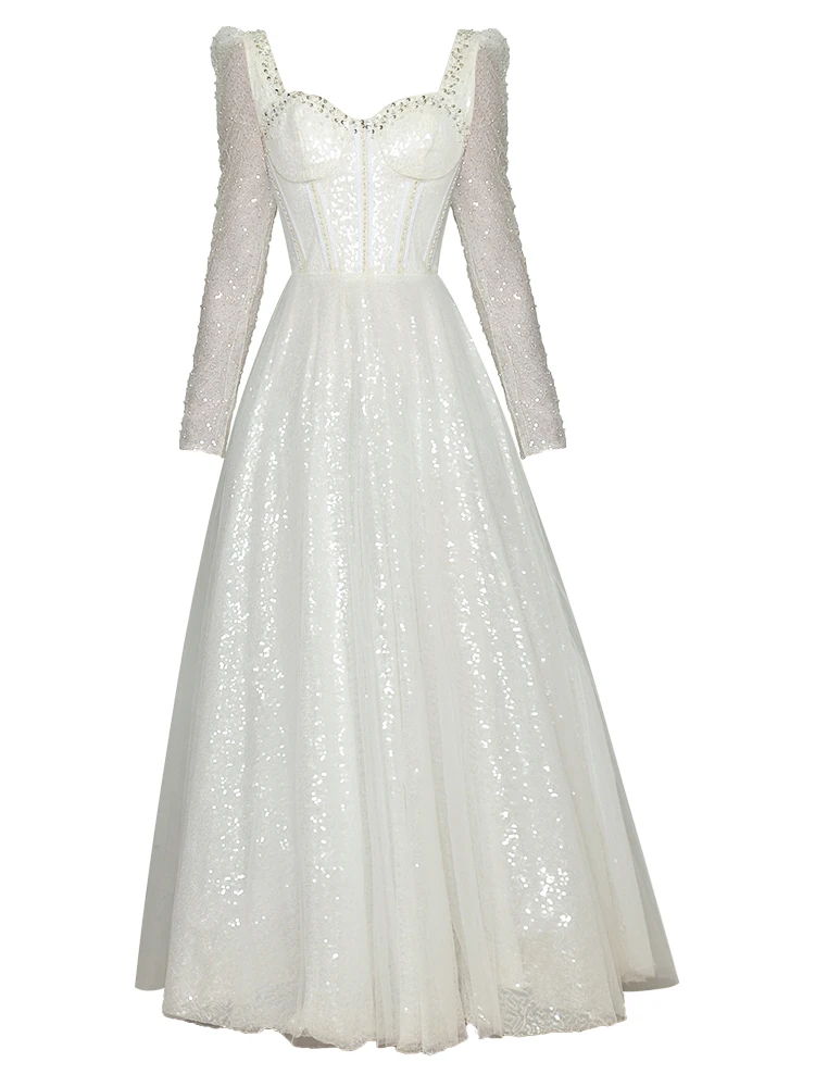 

Женское платье с квадратным вырезом, длинным рукавом и блестками