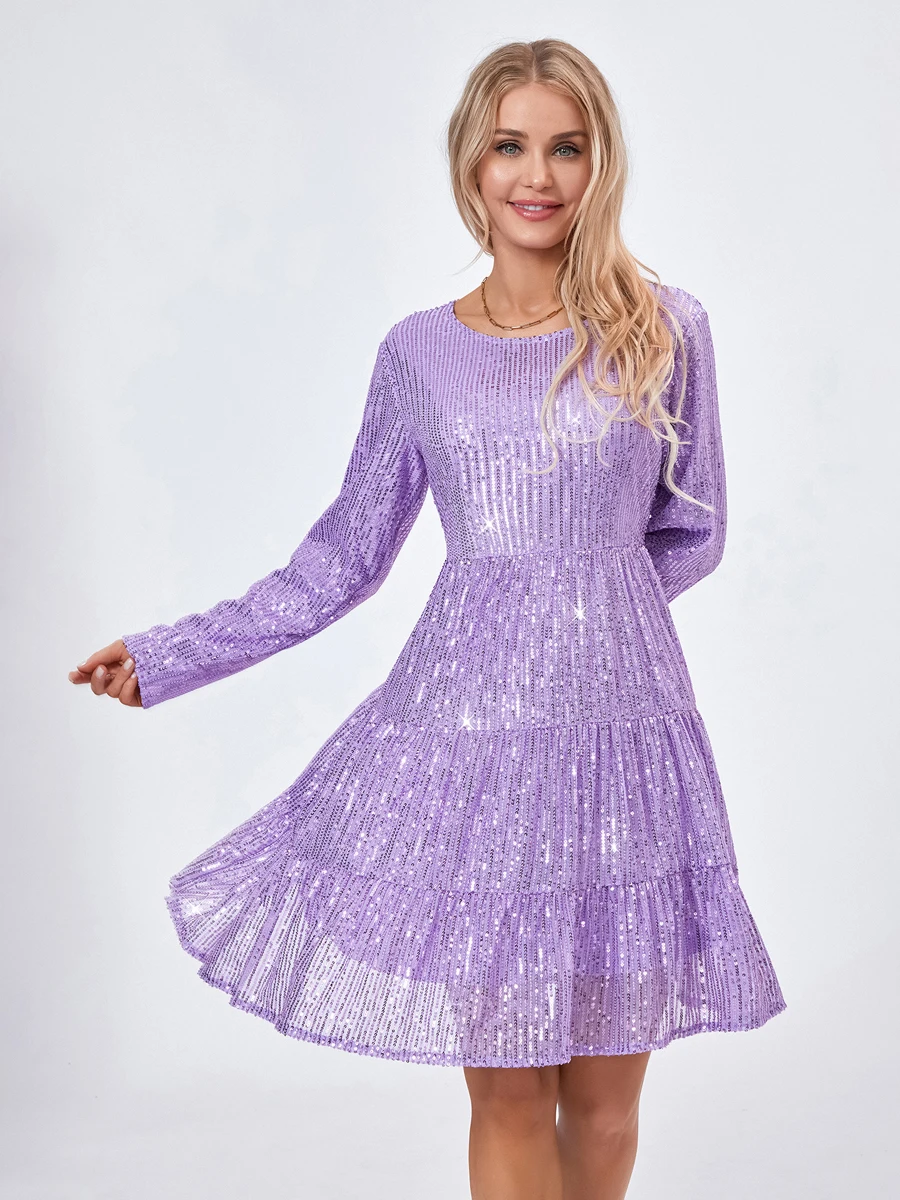 

Women s Sequin Mini Dress Glitter Long Sleeve Solid Color Tiered Dress Loose Babydoll Dress