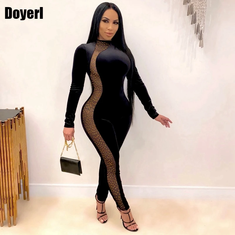 Black Velvet Jumpsuit Women Elegance Rhinestone Patchwork Mesh Bodycon Sexy Jumpsuit Clubwear Woman Jumpsuit Spring 2022 Pants