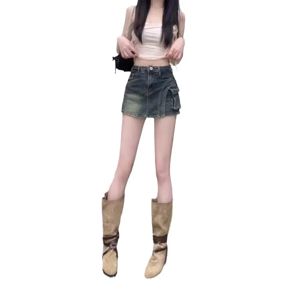 Винтажная джинсовая юбка с высокой талией и карманами лето 2023 новый стиль