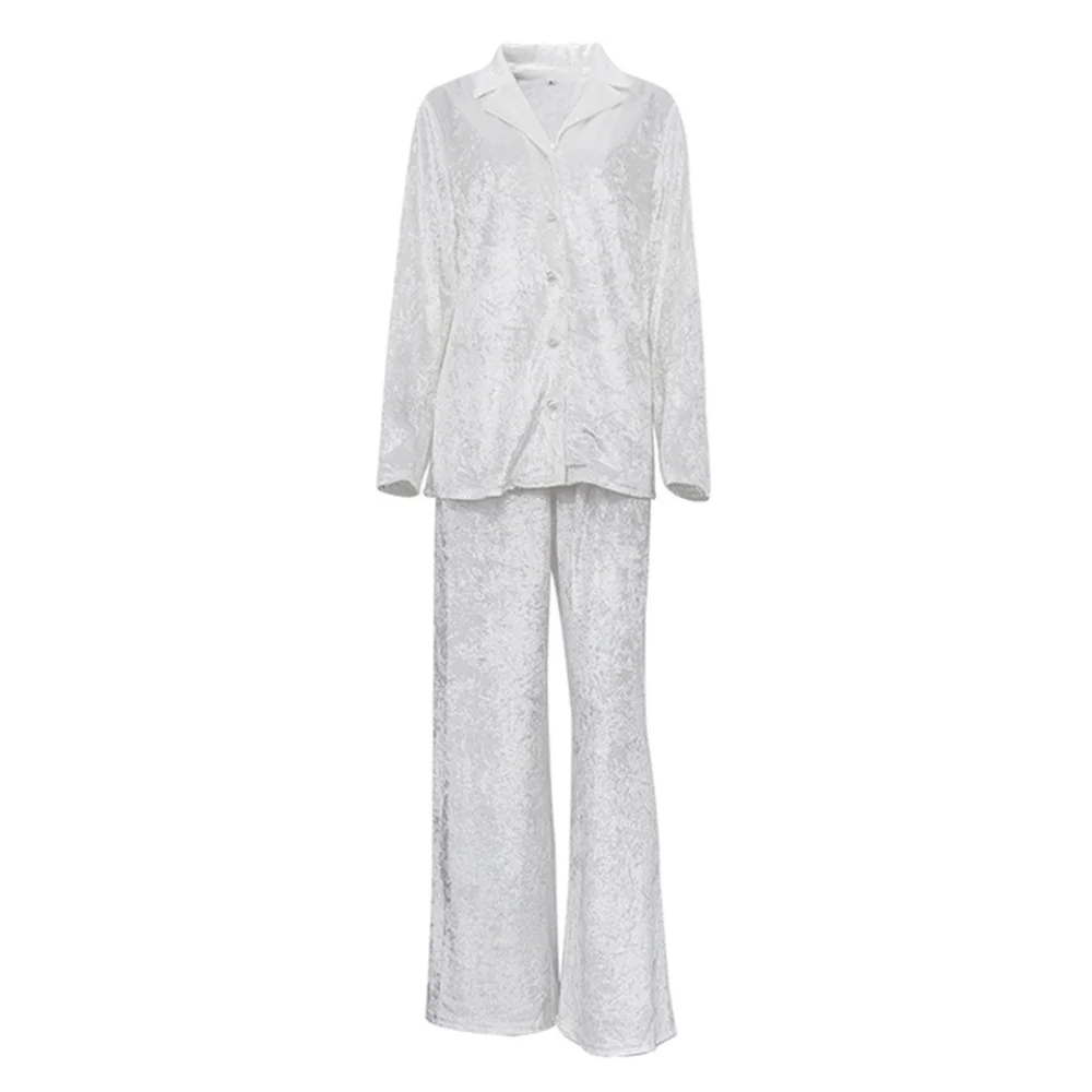 White Women 2 Piece Pants Set 2023 New in Elegant Sleepwear Home Loose Matching Sets Long Sleeve Blosue +  Wide Trousers Suit