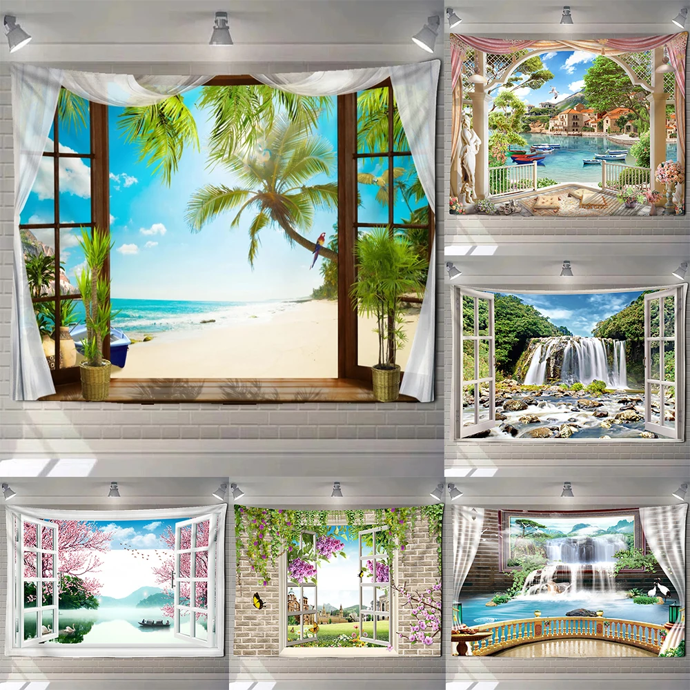 

3DHD Imitation Window Flowers And Plants Wind Tapestry Wall Hanging Tropical Trees Hanging Cloth Bohemian Home Background Cloth