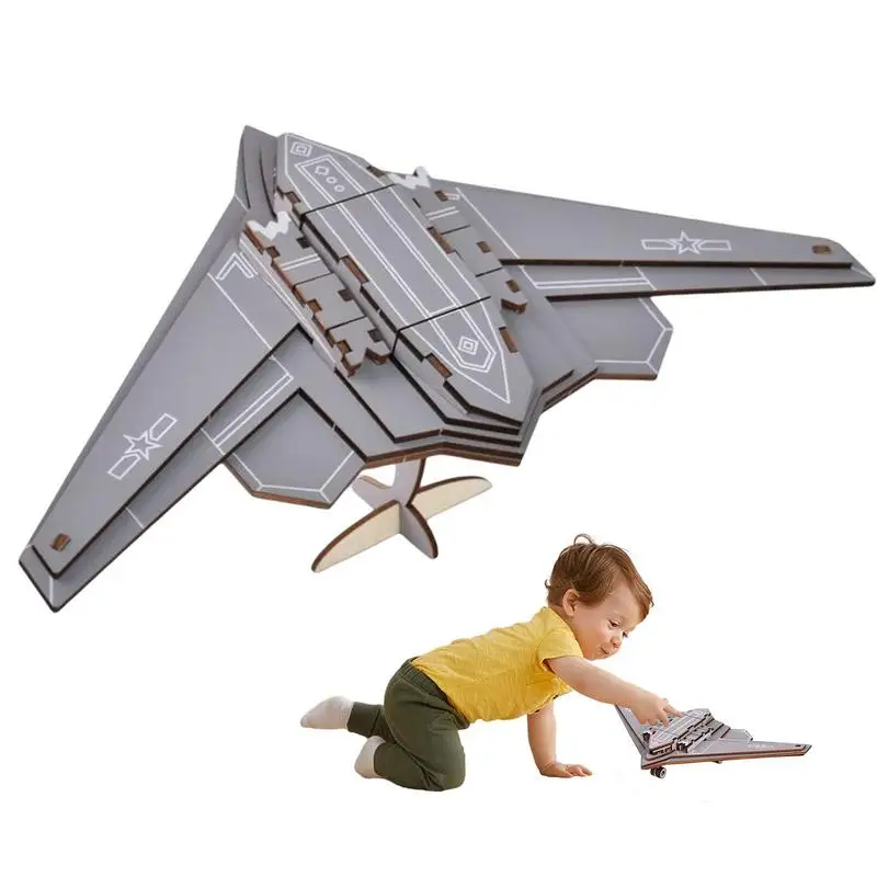 

3D Wooden Assemble Airplane Brain Teaser Puzzles DIY Fun & Educational STEM Toy for Kids H-20 Stealth Bomber Building Crafts Kit