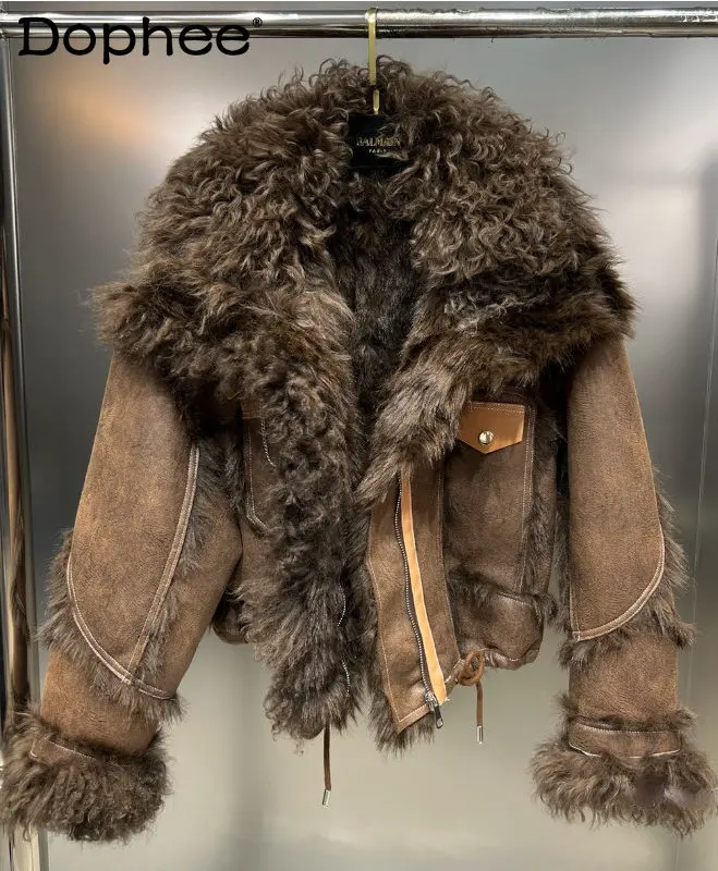 

Женская куртка из искусственного меха ягненка, утепленная короткая куртка с отложным воротником и длинным рукавом, уличная мода, зима 2022