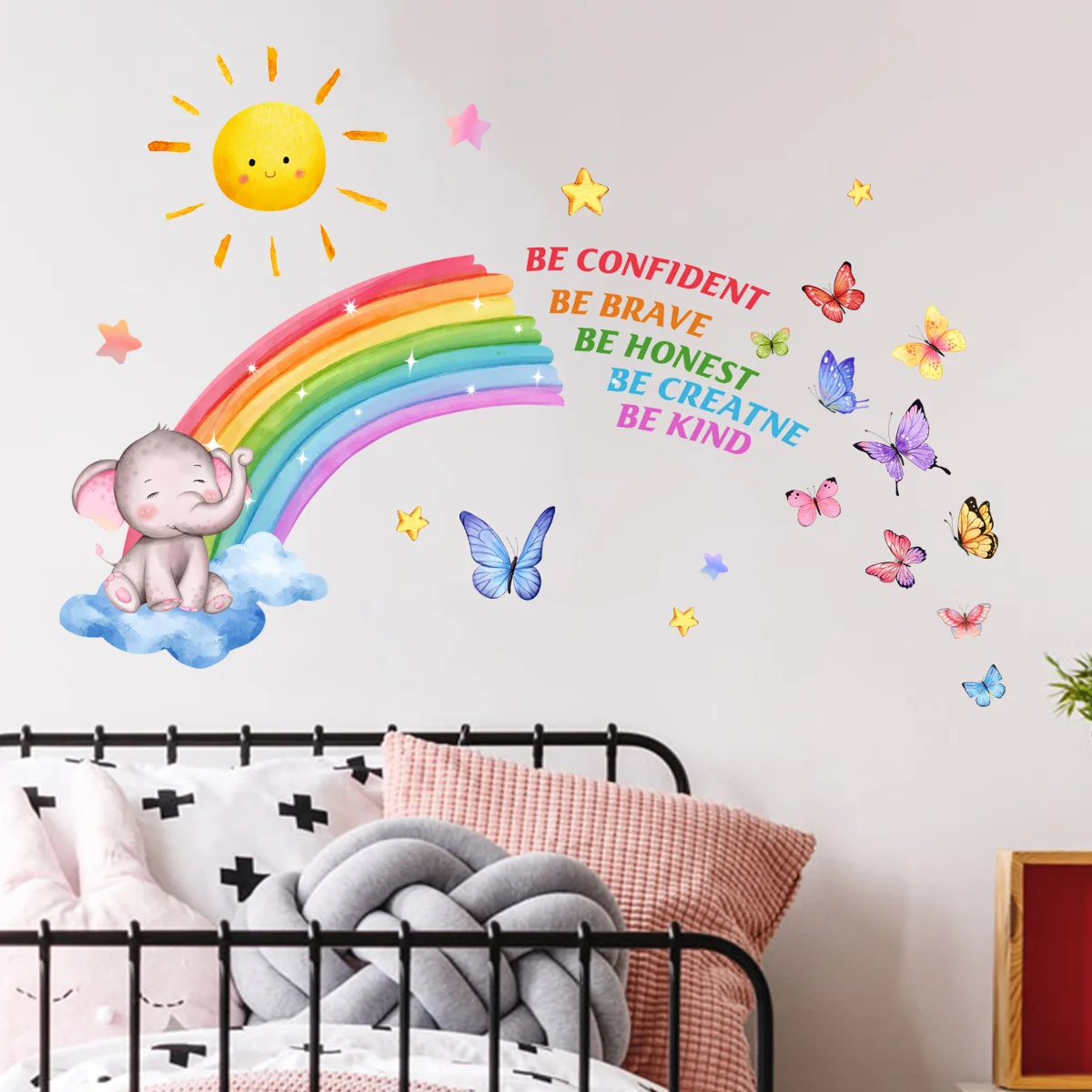 25*70cm Rainbow Elephant Butterfly Wall Sticker Backwall Living Room Bedroom Study Restaurant Decorative Wall Sticker Ms6205