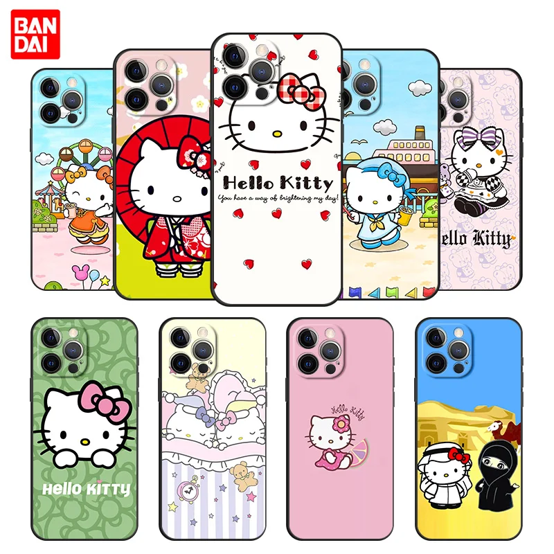 

Hello Kitty Pattern Cell Phone Case for iPhone 12 13 Mini Pro Max Se 2020 12Pro 13Pro Silicone Trend Black Matte Couple Cover