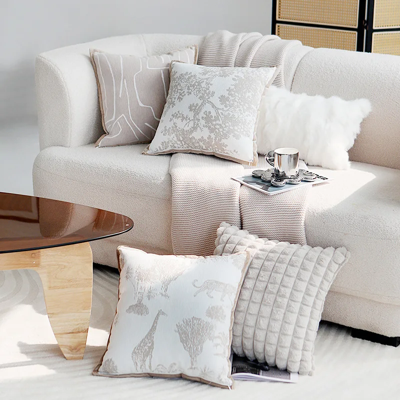 

Cushion Cover 45x45cm Light Cream Fringed Tree Animals Lines Printed Chenille Home Decoration Pillow Cover Living Room Bedroom