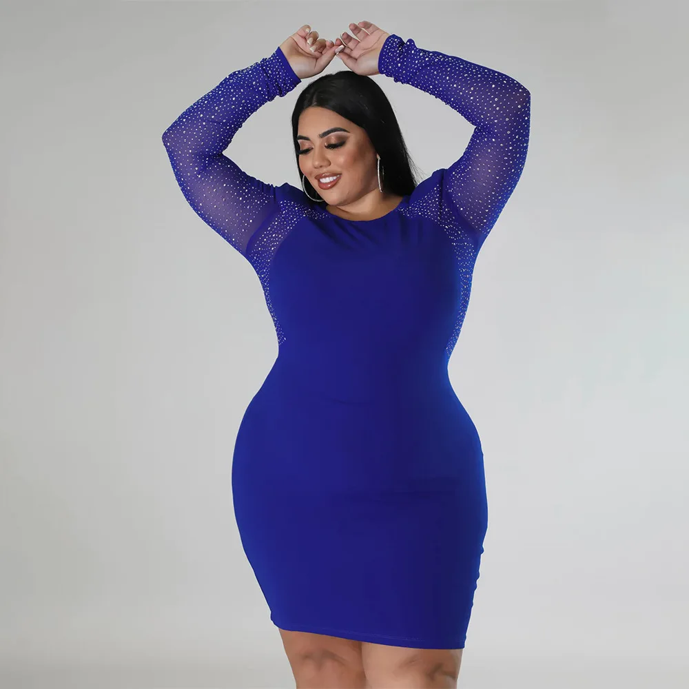 Plus Size Diamonds Sheer Mesh Patchwork Mini Dress 5XL Long Sleeve Bodycon Vestidos Autumn Night Party Club Elegant Robes 2022