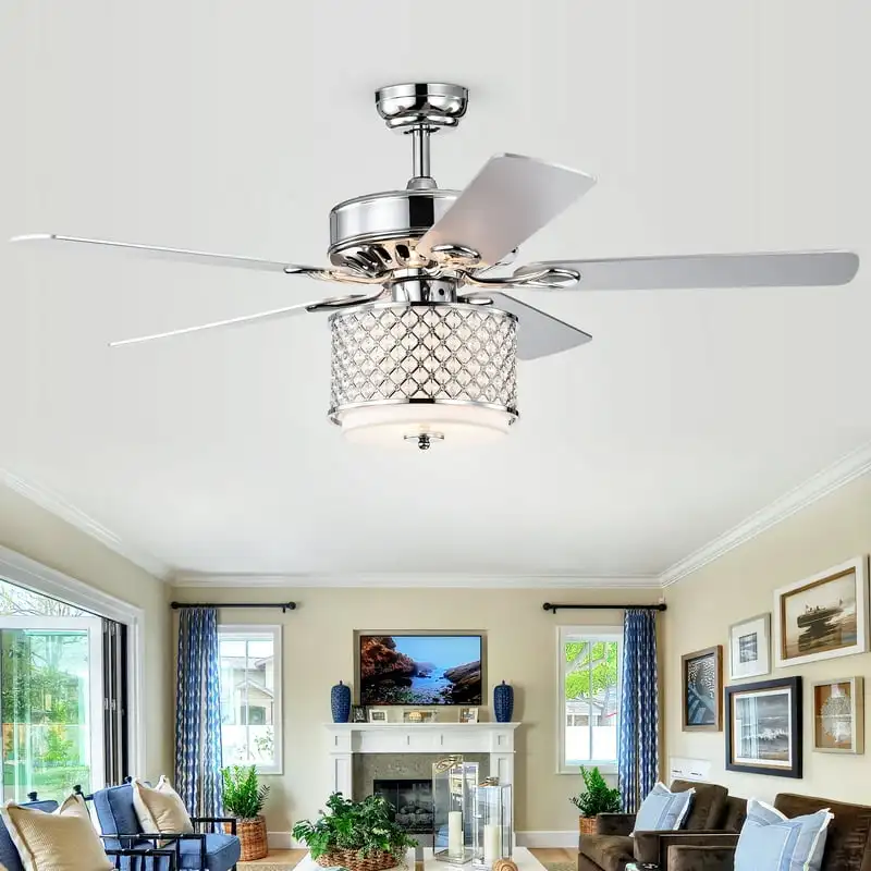 

Chrome 52-Inch 5- Lighted Ceiling Fan with Glass & Crystal Shade Remote Controlled