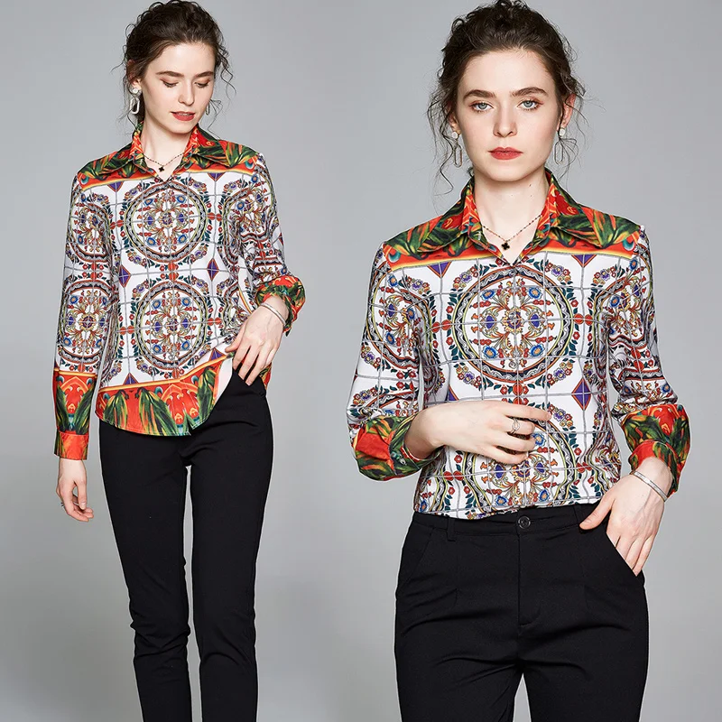 

Print Women's Blouse Loose Polo Summer Shirt Season Fashion Long Sleeve Top Plus Size Casual Chiffon Clothing Houthion