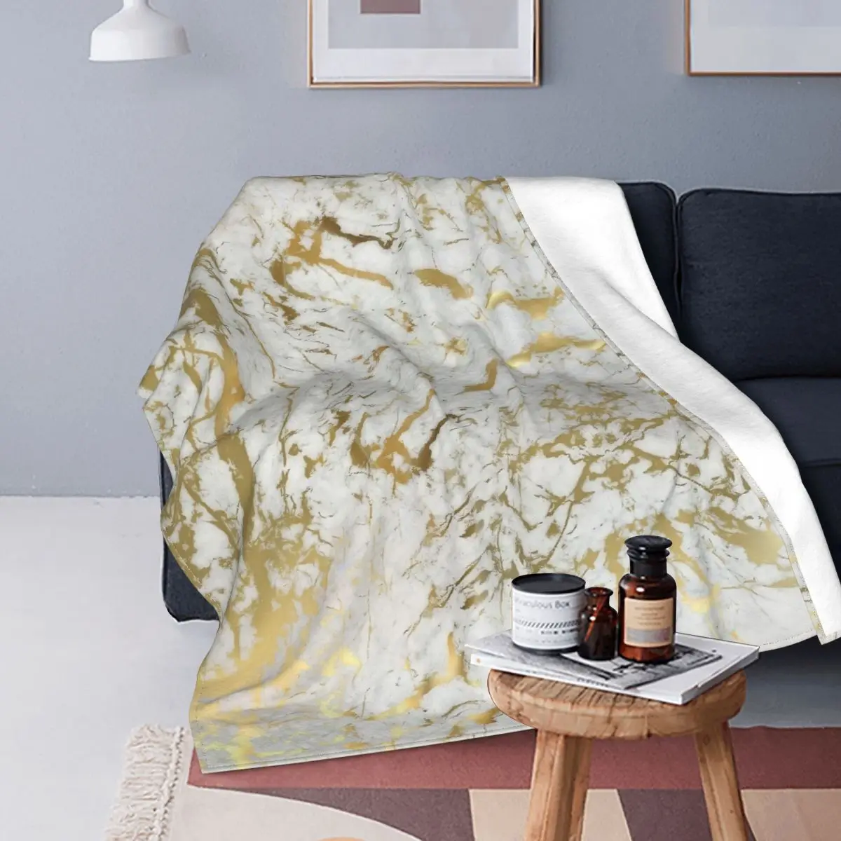 

Gold Marble On White Fleece Throw Blanket Modern Geometric Graphic Blanket for Sofa Bedroom Bed Couch Chair or Floor Soft Quilt
