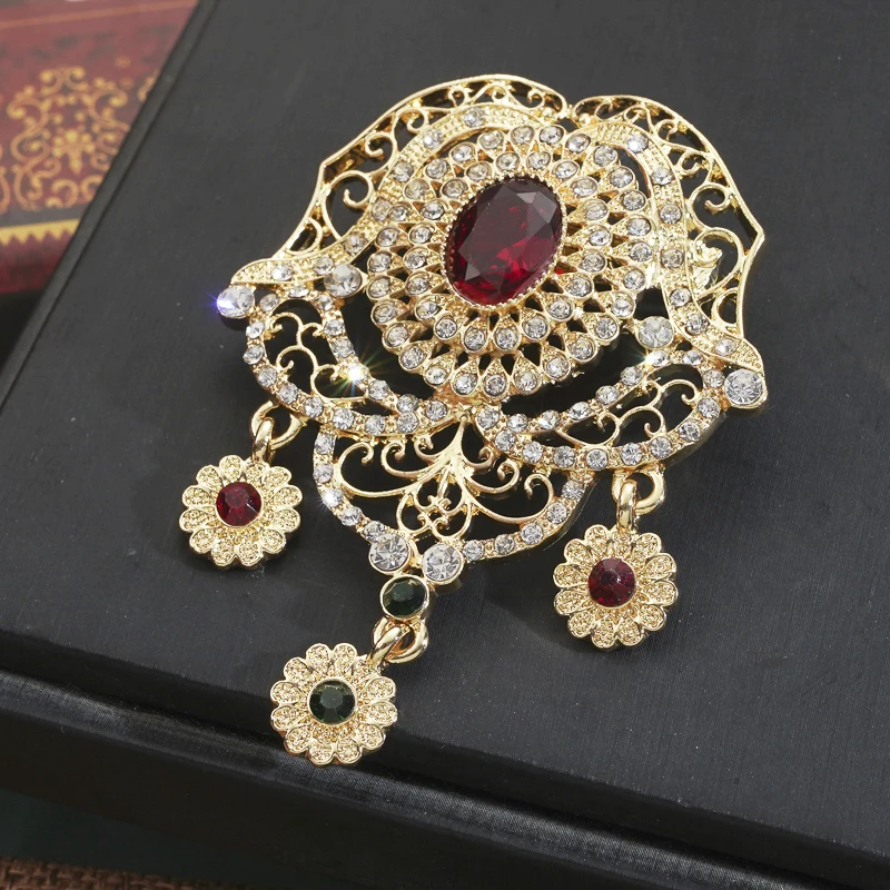 

Morocco Crystal Brooches for Women Gold Color Caftan Pins Algeria Wedding Jewelry Dubai Bijoux Gift Hajib Pins