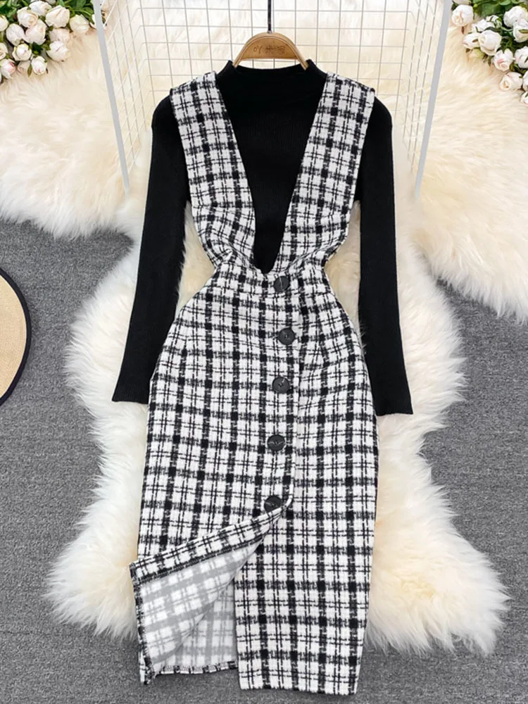 Женское шерстяное платье с разрезом высокой талией и пуговицами