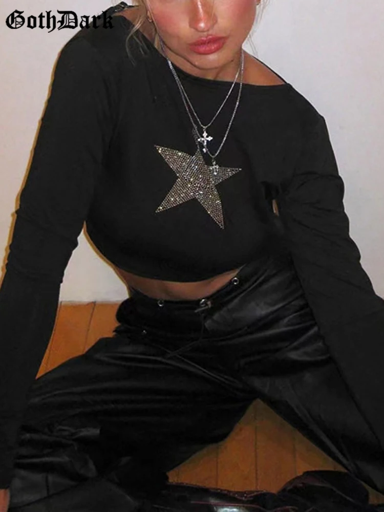 

Goth Dark Y2k Vintage Star Rhinestone Sexy T-shirts 2000s Aesthetic Black Fashion Women Crop Tops Bodycon Long Sleeve Streetwear