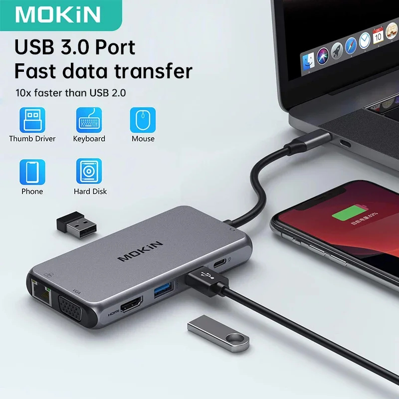 MOKiN 9 в 1 USB-концентратор типа C Многопортовый адаптер HDMI Ethernet VGA PD Порт USB 3.0 HUB SD/TF для