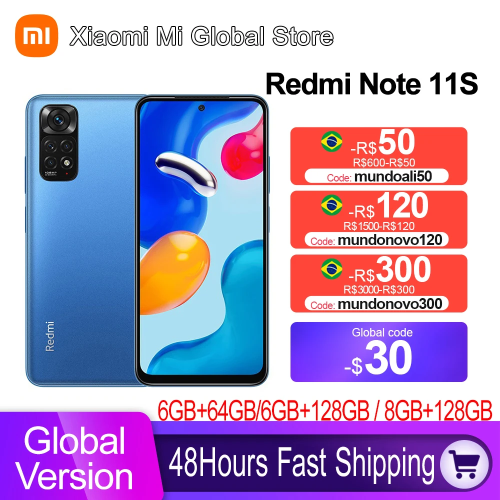 Kup Global Version Xiaomi Redmi Note 11S 108MP Quad Cameras 33W Pro Fast Charging 90Hz FHD+ AMOLED 5000mAh 11 S Cellphone 64GB/128GB