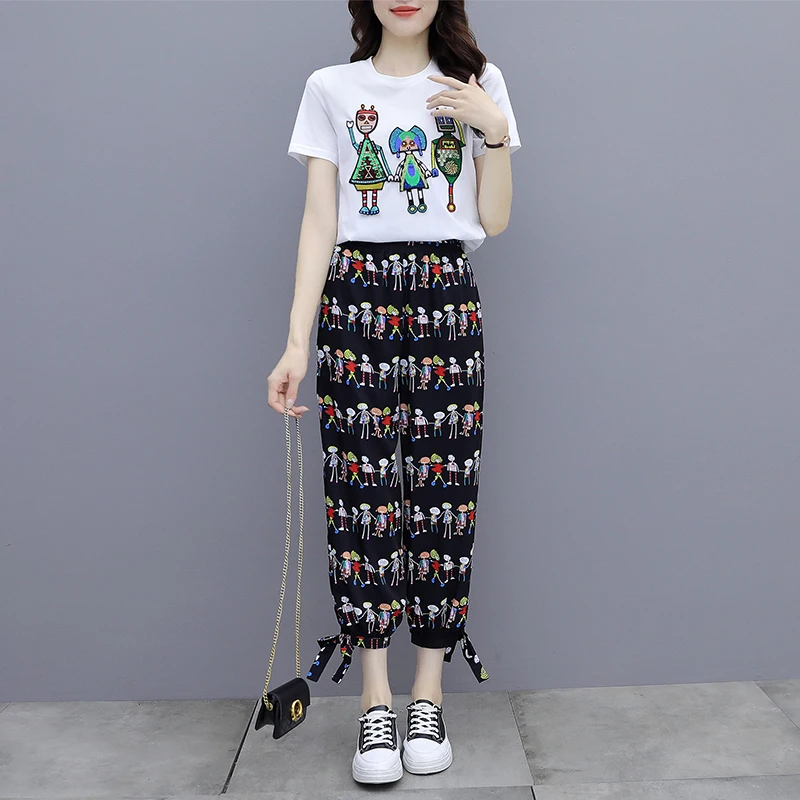 Спортивный костюм женский из двух предметов Повседневная футболка с широкими