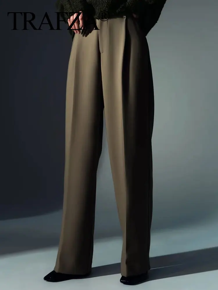 

TRAF ZA Women Fashion Elegant Solid Pleated Trousers High Waist Slim Zipper Pants 2023 Female Casual Loose Pant Streetwear