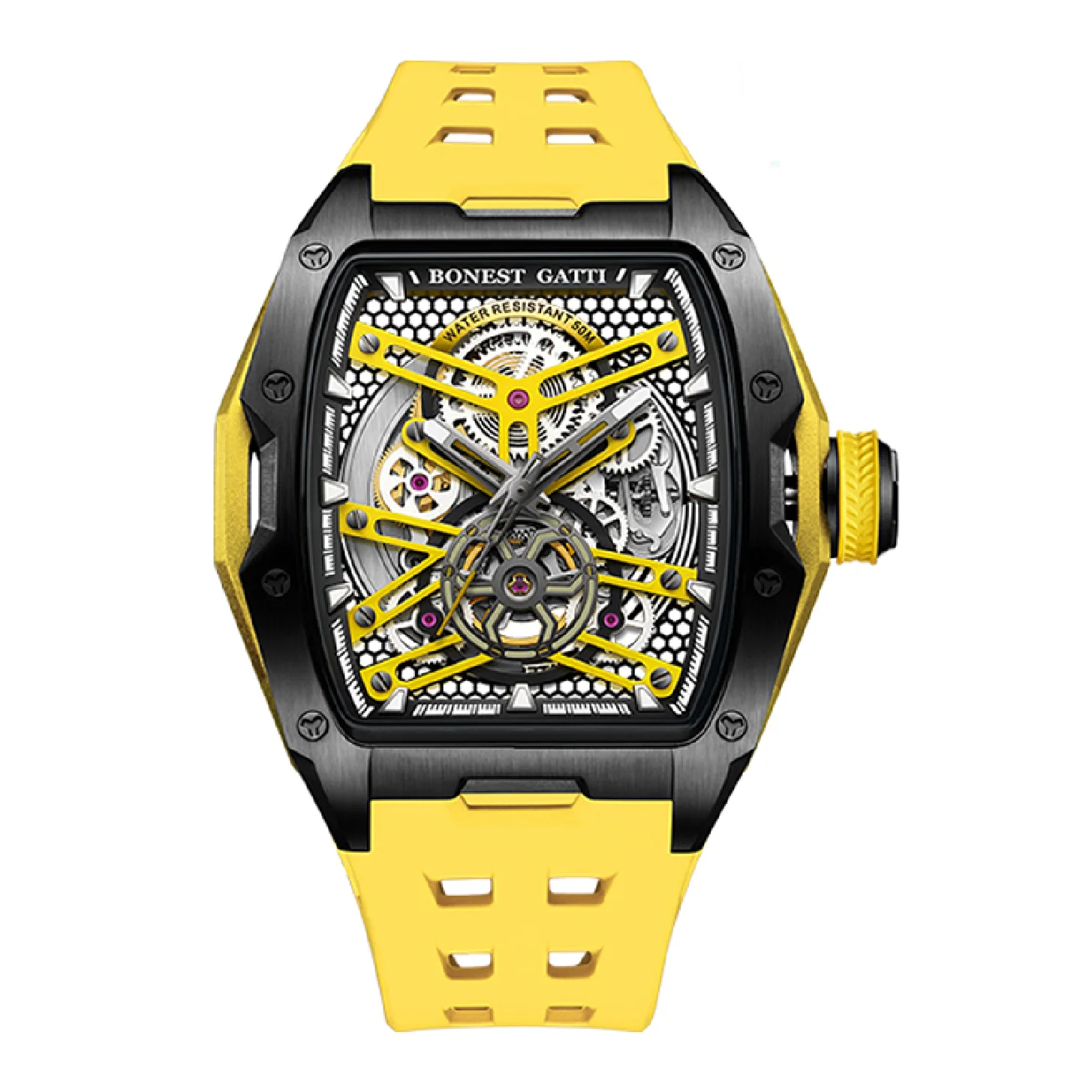 

BONEST GATTI Men Automatic Watch Luxury 46MM Tonneau Mechanical Wristwatch 50M Waterproof Sapphire Luminous Fluororubber Strap