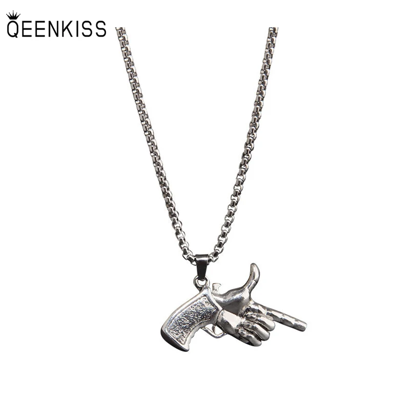 

QEENKISS NC844 Fine Jewelry Wholesale Fashion Woman Man Birthday Wedding Gift Funny Finger Gun Titanium Steel Pendant Necklace