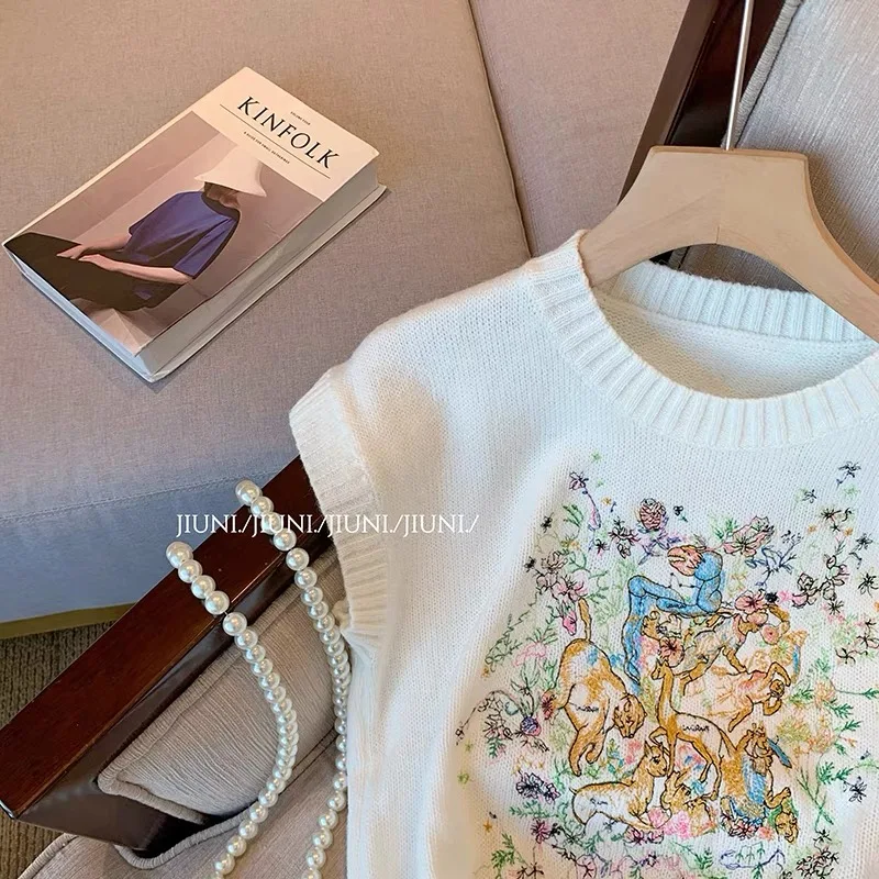 Женский вязаный свитер с вышивкой винтажный элегантный модный Дамский пуловер