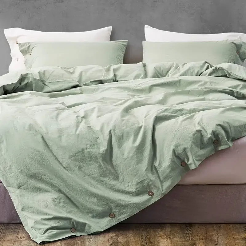 

3pcs Green Washed Cotton Duvet Cover Set With Matching Pillow Case, Luxury Soft Bedding Set With Buttons Closure, Solid Color Pa