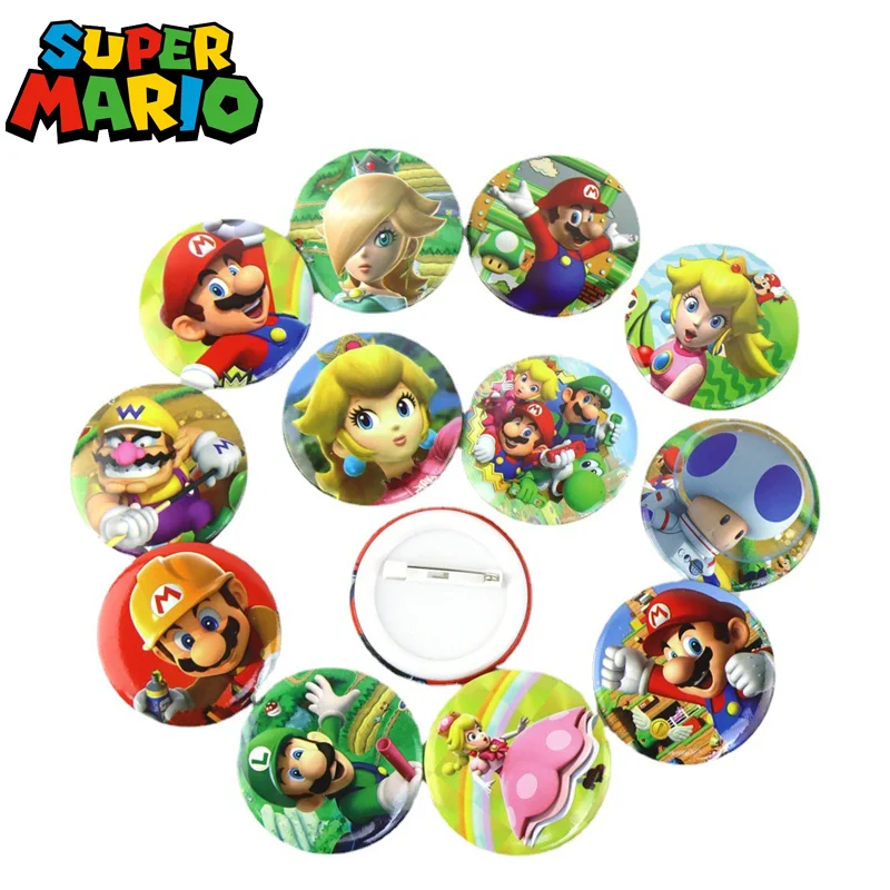 

12PCS Super Mario Bros Series Badge Anime Figure Luigi Yoshi Bowser Pin Cute Cartoon Round Brooch Party Supplies Kids Gifts