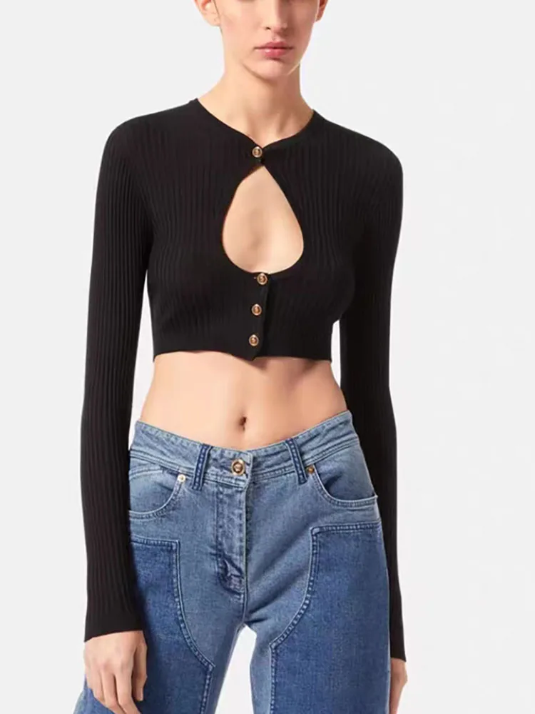 

2023 spring and summer new fashion personality hollow round neck knitting long sleeve temperament tight sexy thin crop top women