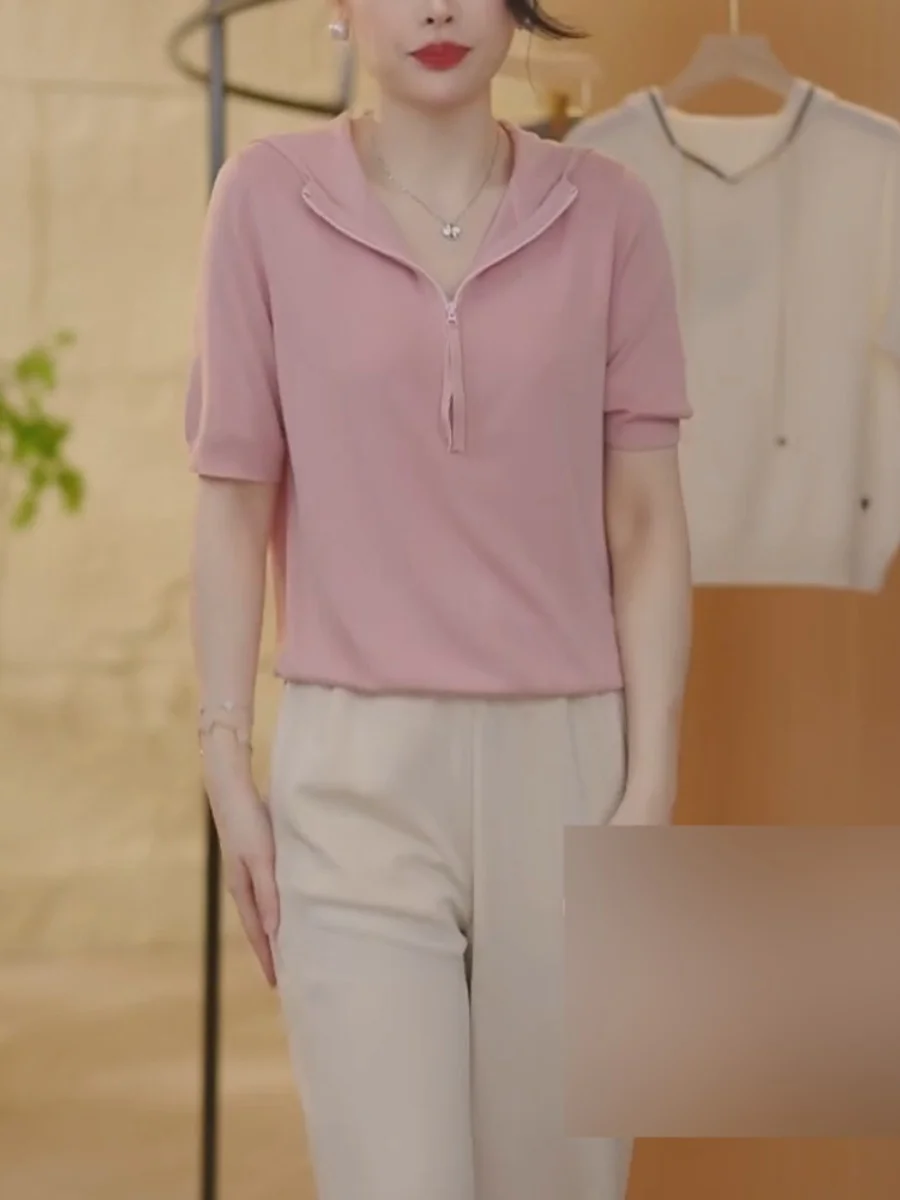 Knitted Short sleeve T-shirt Women 2024 Summer New Hoodie Raglan Plus size Chubby Girl Soft Glutinous Hood Pullover Top