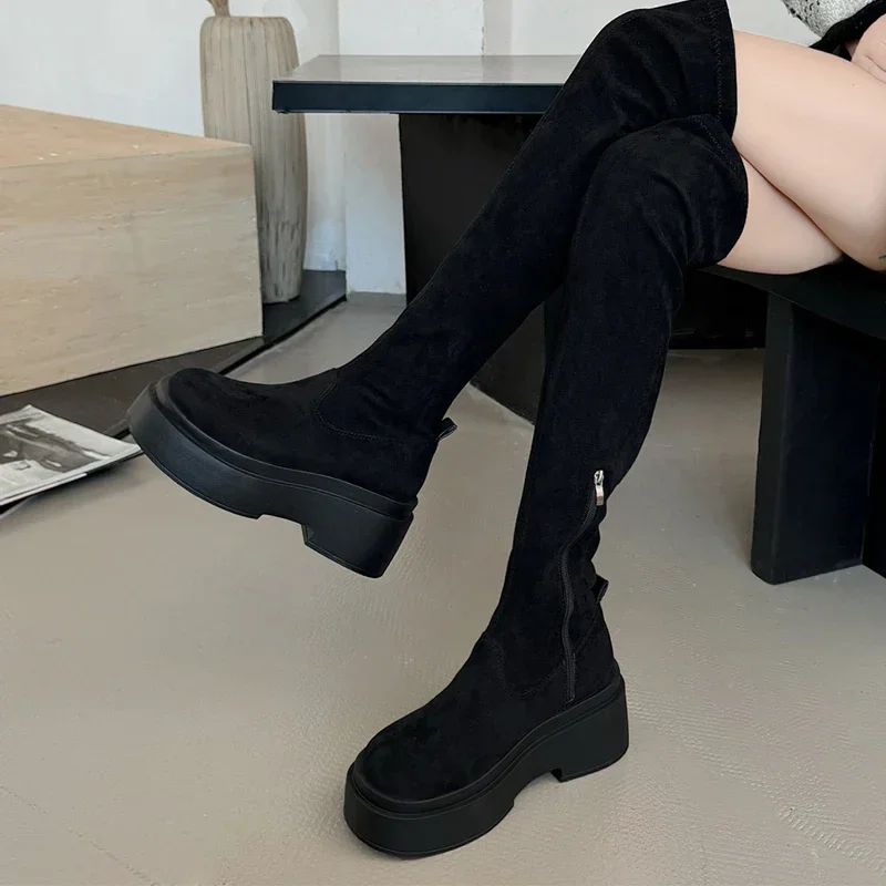 Женские замшевые высокие сапоги на платформе Сапоги выше колена высоком каблуке