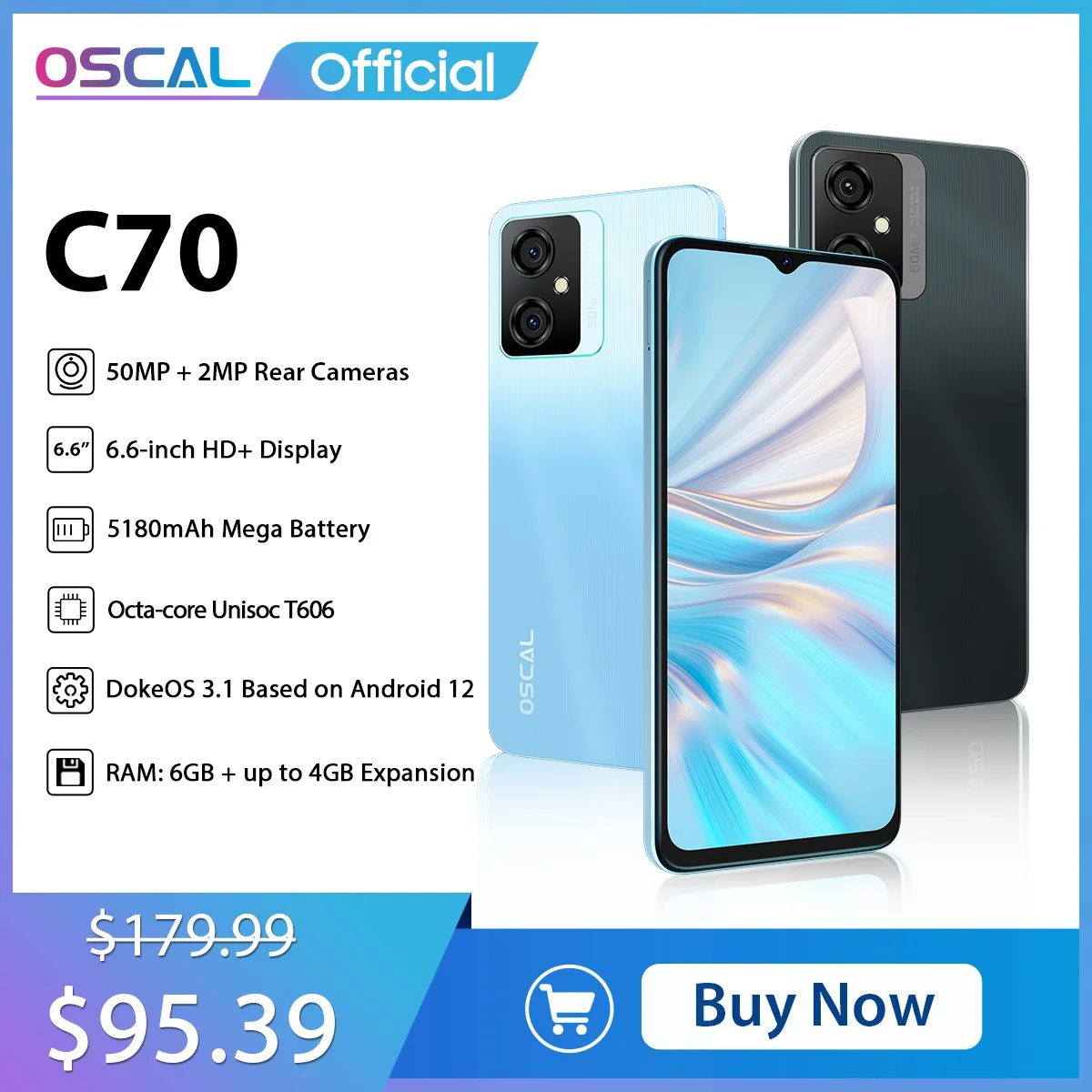 OSCAL C70 Smartphone 6GB+128GB Octa Core Android 12 50MP Camera 5180mAh Cell Phone 6.6