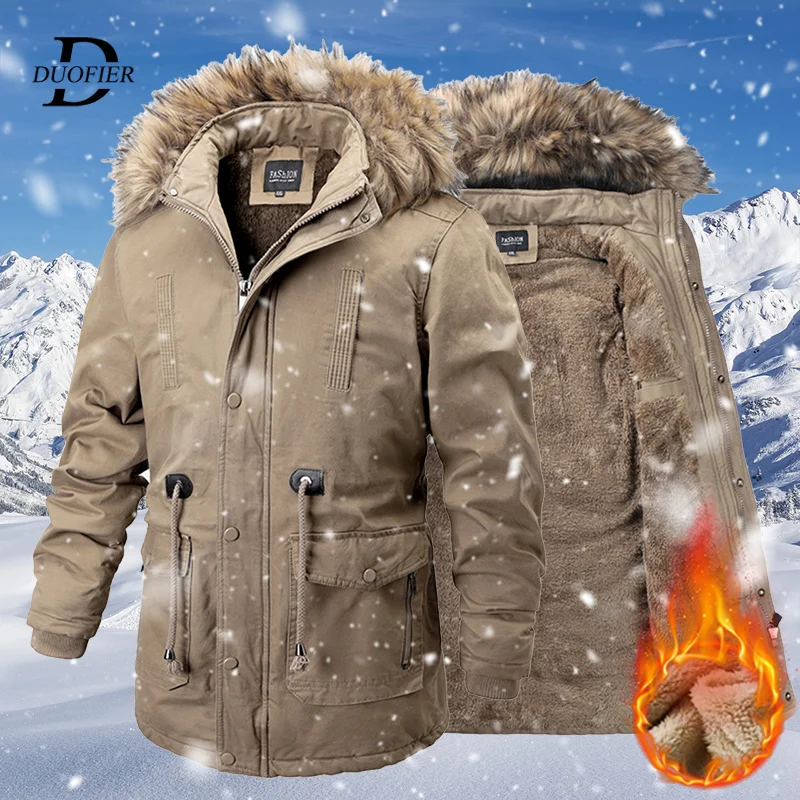 Fur Collar Thicken Men's Winter Parka Coat Fleece Warm Windproof Casual Jacket Men Hooded Outdoor Clothing Wool Liner Overcoat