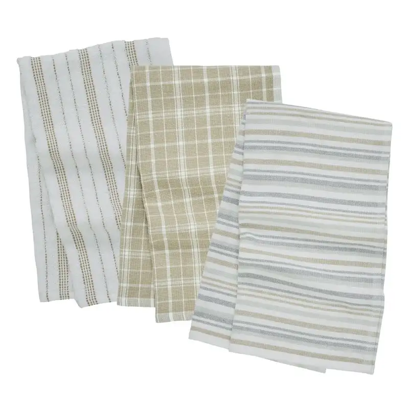 

Luxurious 3-Piece Set of Quality 16" x 28" Beige Cotton Kitchen Towels - Stripe Towel Set for Enhanced Home Decor.