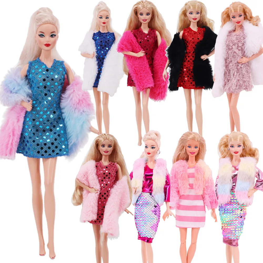 

Одежда для кукол Барби, разнообразная плюшевая шаль + юбка для платья для Барби и куклы BJD, сексуальные модные блестящие аксессуары для кукол