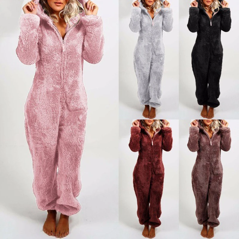 Womens Plush Hooded Jumpsuit Sherpa Fuzzy Pajamas Long Sleeve Cute Cat One Piece Onesie Winter Warm Rompers Sleepwear Set Girl
