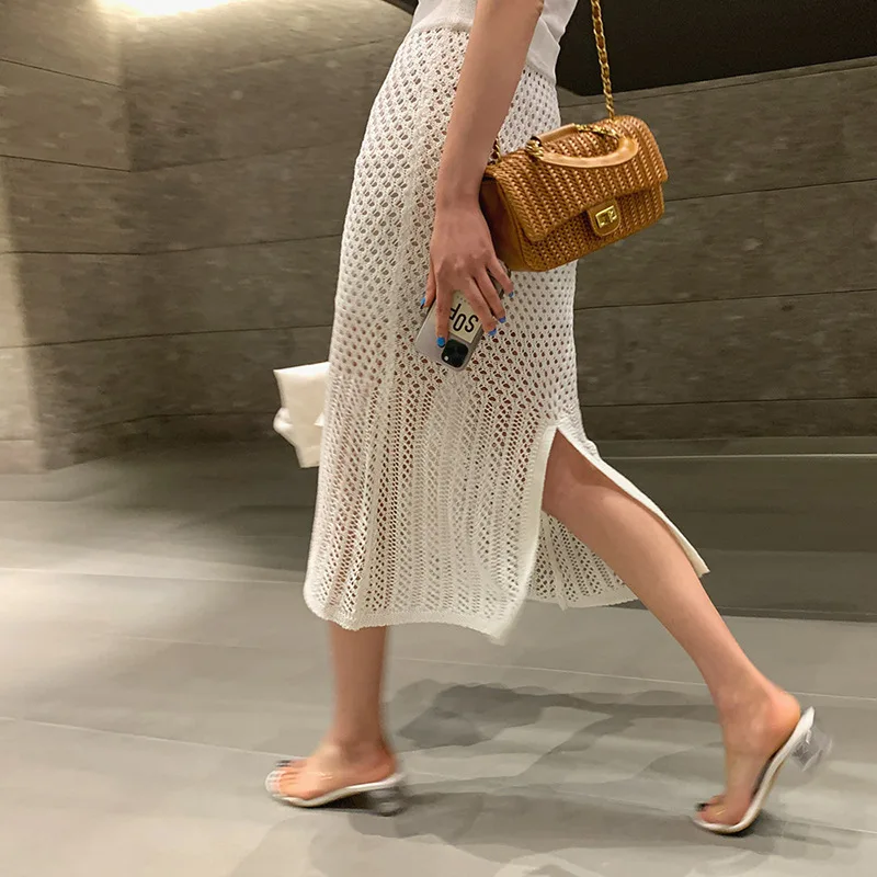 

2023 Brand New High Waist Hollow Out Knitted Skirt Slit Back Women Midi Skirt Jupe Faldas