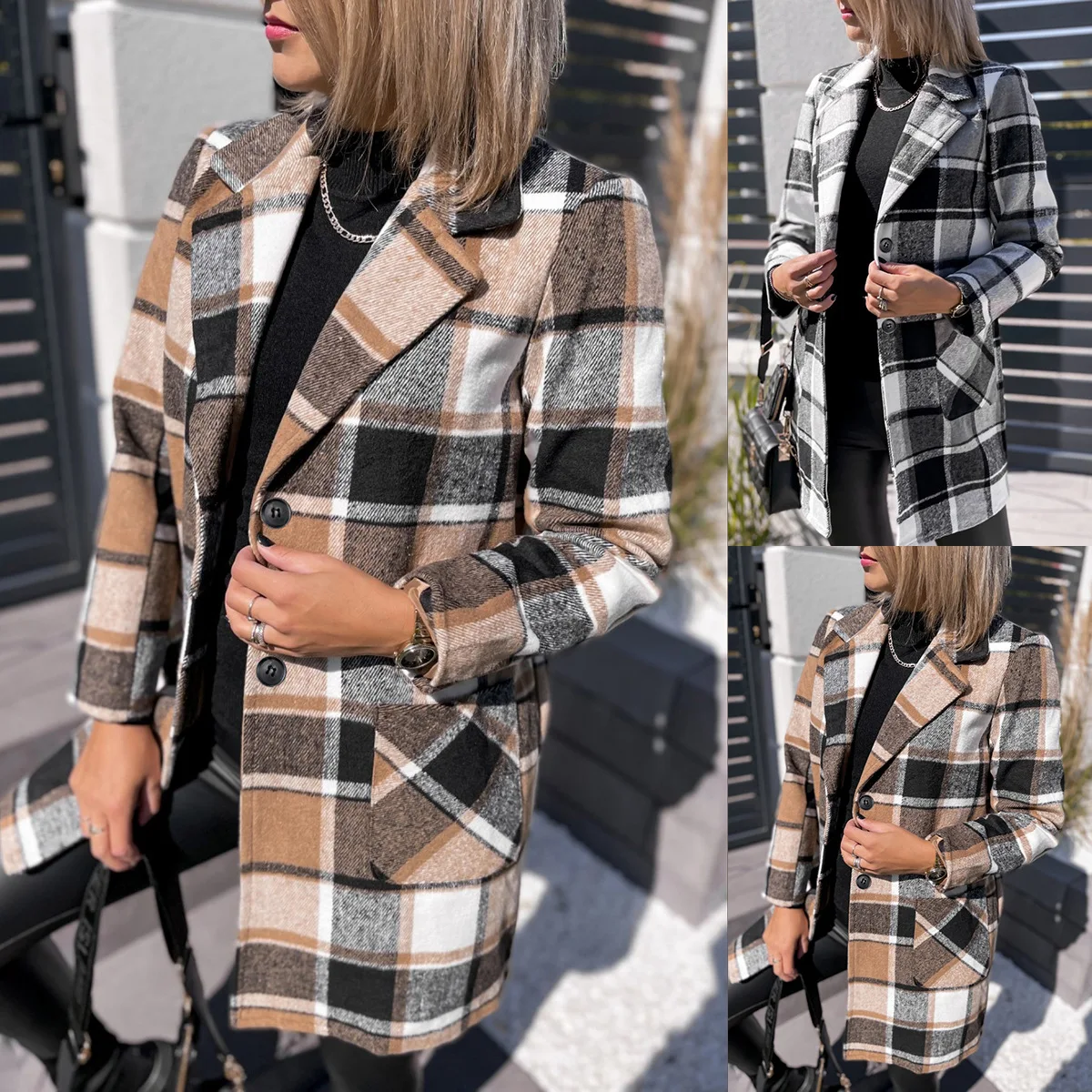 

2023 Fashion New Slim-fit Coats and Jackets Women Single-breasted Plaid Print Suit Woolen Jacket Coat Women Winter Jacket