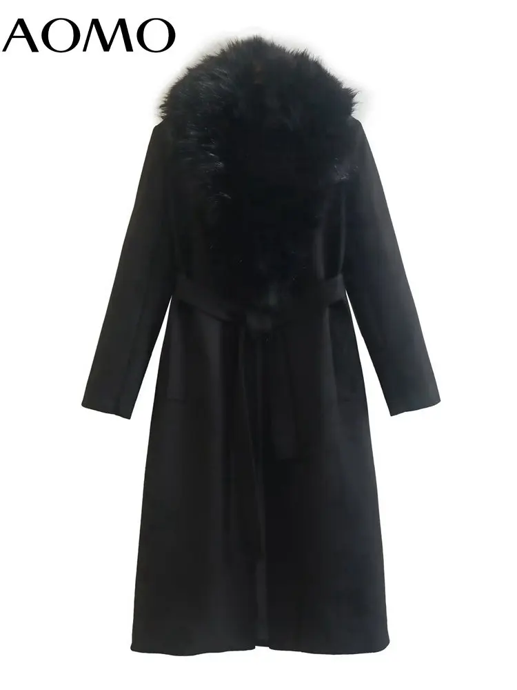 

AOMO Women 2022 Thick Warm Fur Collar Long Woolen Coat With Slash Long Sleeve Female Overcoat QD127A