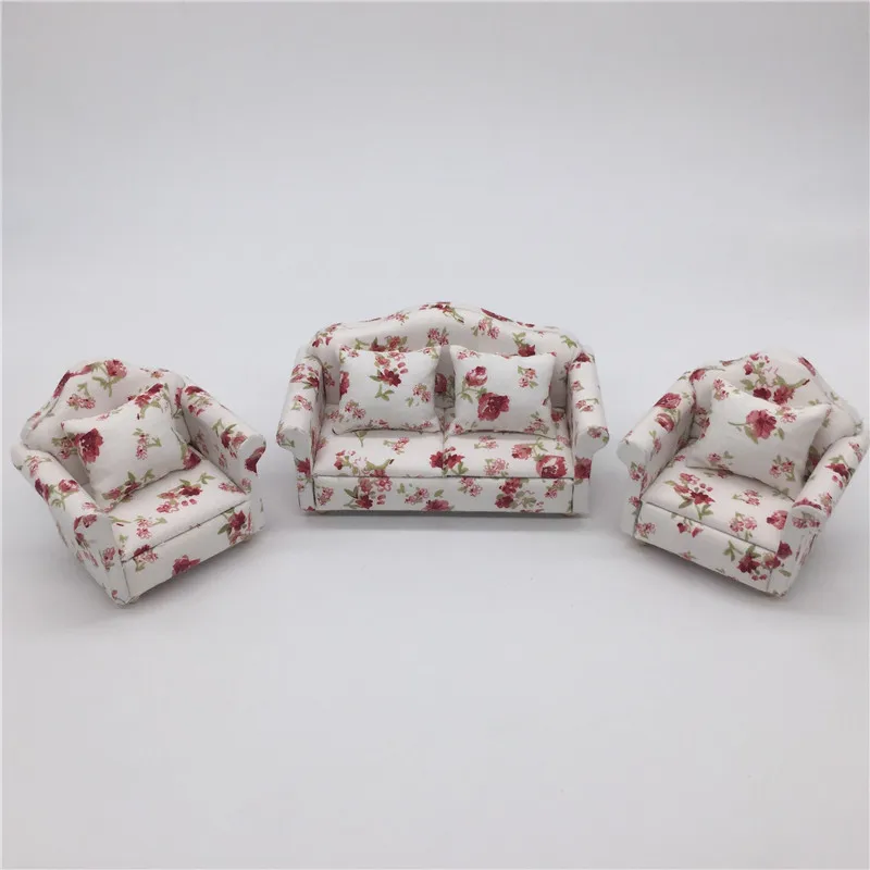 

Набор миниатюрных диванов для кукольного домика в масштабе 1:12, набор мини-мебели для кукольного домика с цветочным узором, комплект диванов с подушкой сзади, аксессуары для кукольного домика