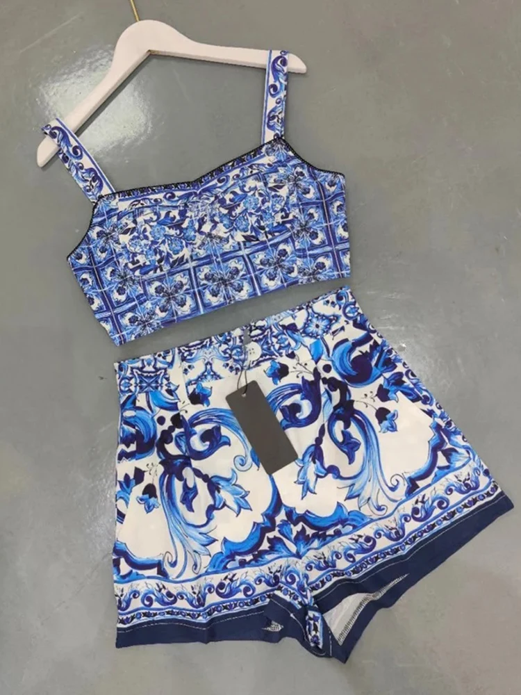 ity retro czerwony kwiat porcelanowy nadruk halter top klatka piersiowa dwuczęściowy zestaw 2024 letni damski nowy + proste krótkie gorące