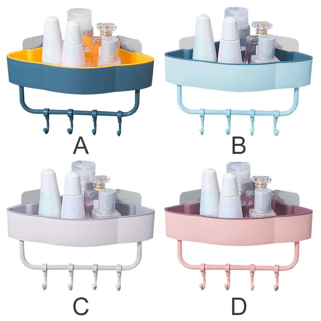 

Wall Mounted Storage Shelf Bathroom Toilet Corner Shower Rack Kitchen Drainage Basket with Hooks
