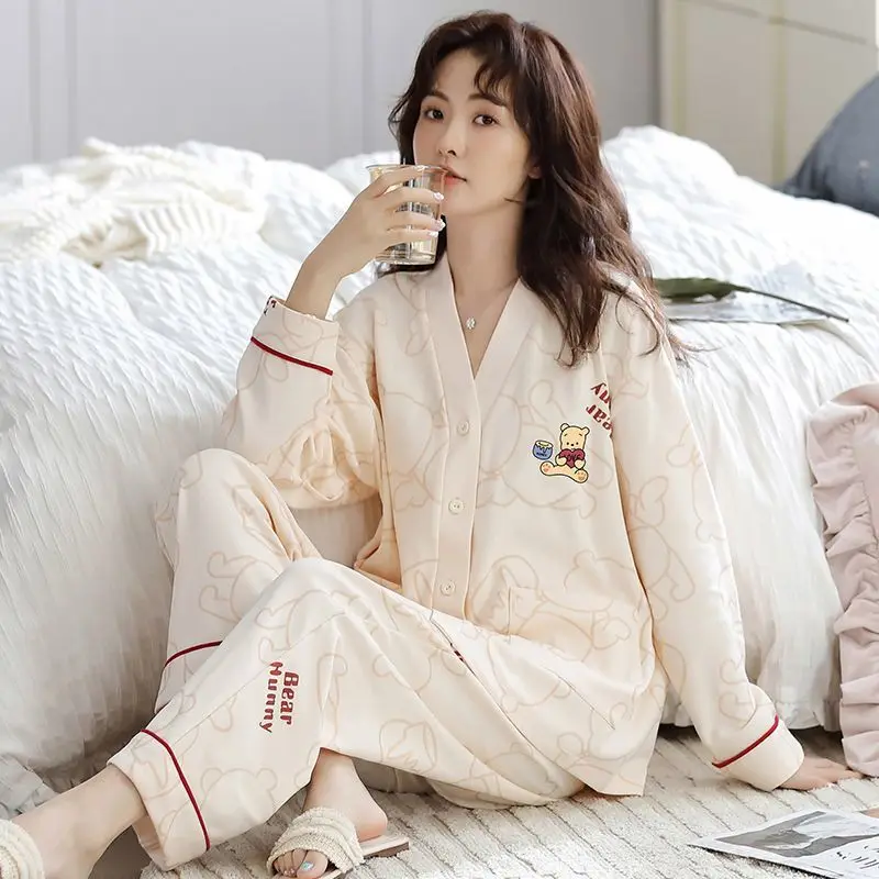 Lightweight Cotton Women Pajama Sets Open Front Night Wears for Women In Spring and Autumn Comfortable Loose Fit Loungewear Suit