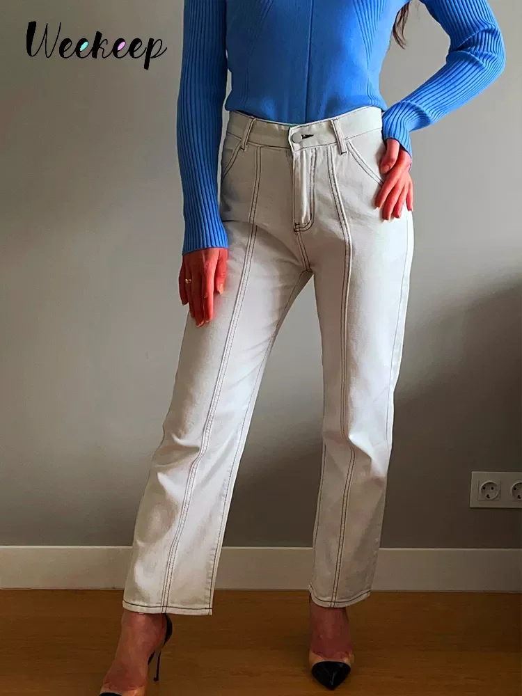 

Weekeep Women's Jeans Korean Fashion Baggy Contrast High Waist White Jeans For Women Y2k Wide Leg Denim Pants Streetwear Cas