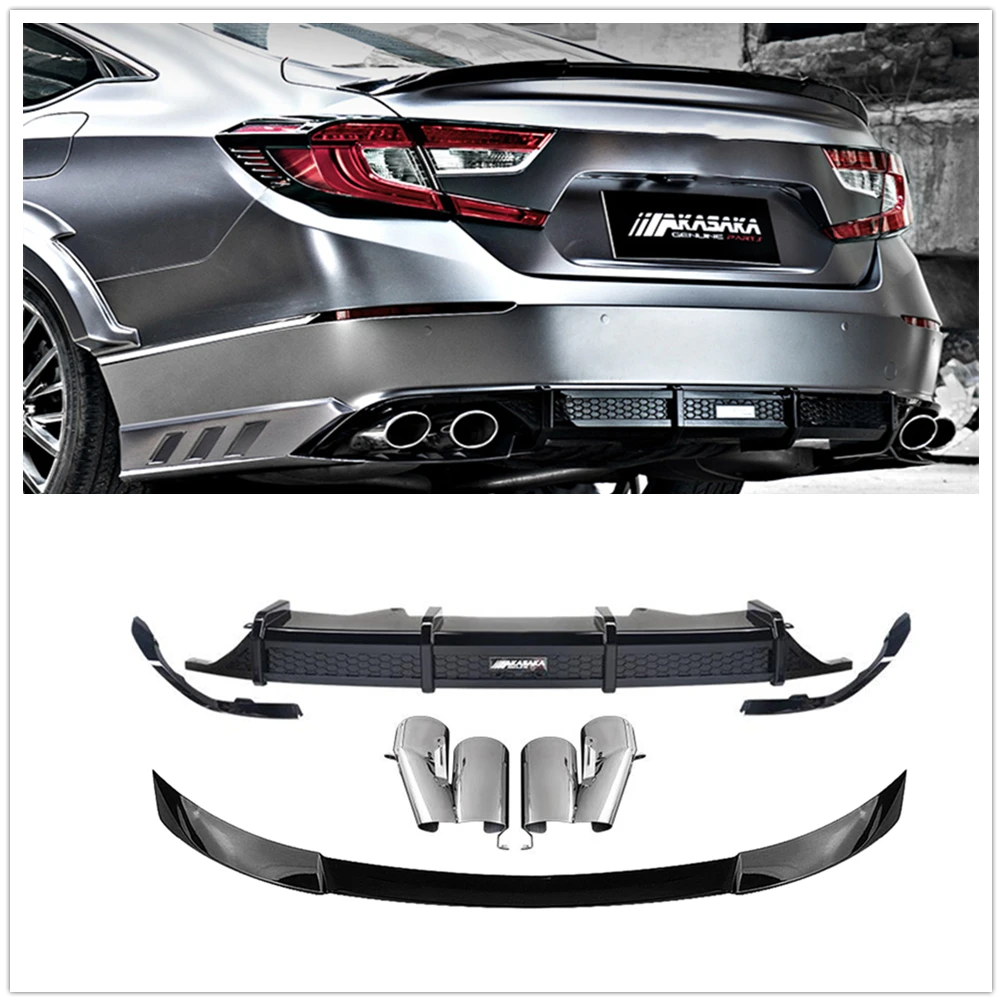 

Car Rear Bumper Diffuser Lip & Trunk Spoiler Wing & Exhaust Muffler Tip Pipe For Honda Accord 2018-2021 AKASAKA