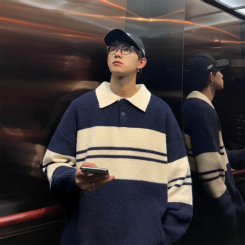 Oversized Sweater Knitted Sweater Men Japanese New Youth Fashion Sweater Men's Autumn and Winter Polo Trendy Knit Shirt Harajuku