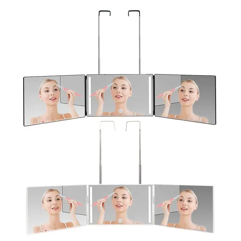 3 Way Trifold Makeup Mirror Illuminated Wall-mounted Haircut Tool With Adjustable Height Brackets Portable 360 Barber Mirror