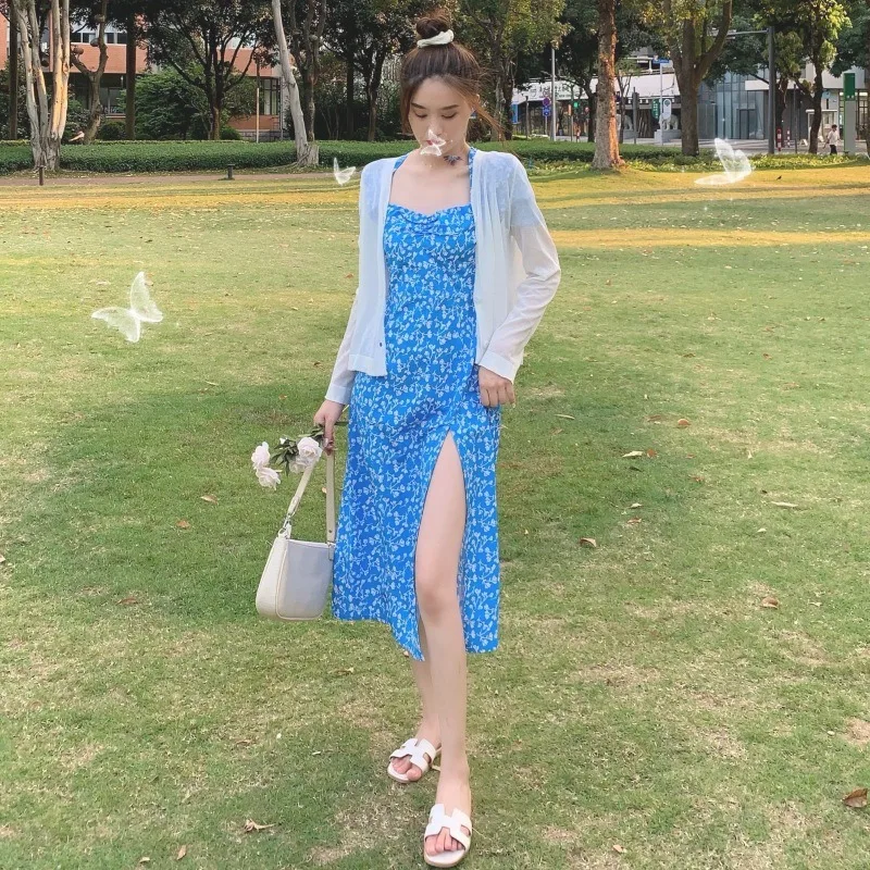 

Женское длинное платье с разрезом, синее платье с французским принтом, Новинка лета 2022