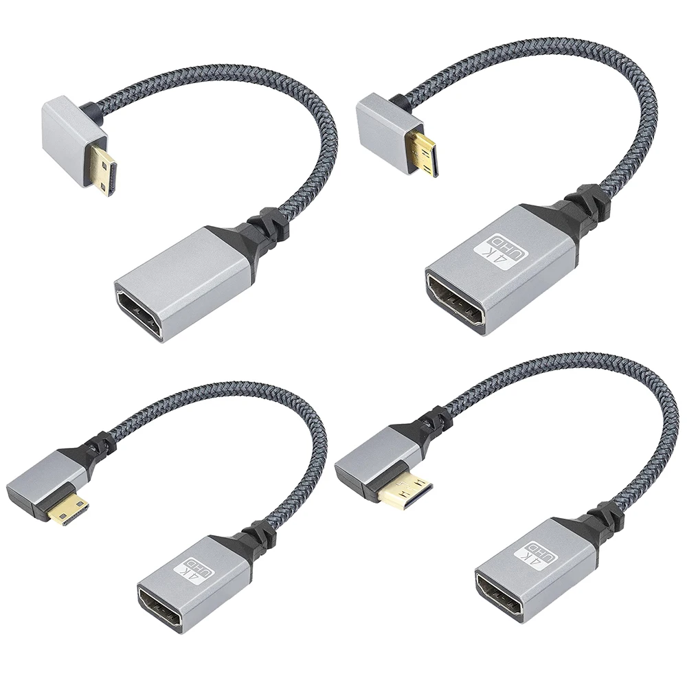 4K UHD V2.0 Cable 90 Degree Up/Down/Left/Right Angled Mini-HD To HD Male To Female Short Nylon Braided Cord for Camcorder HDTV
